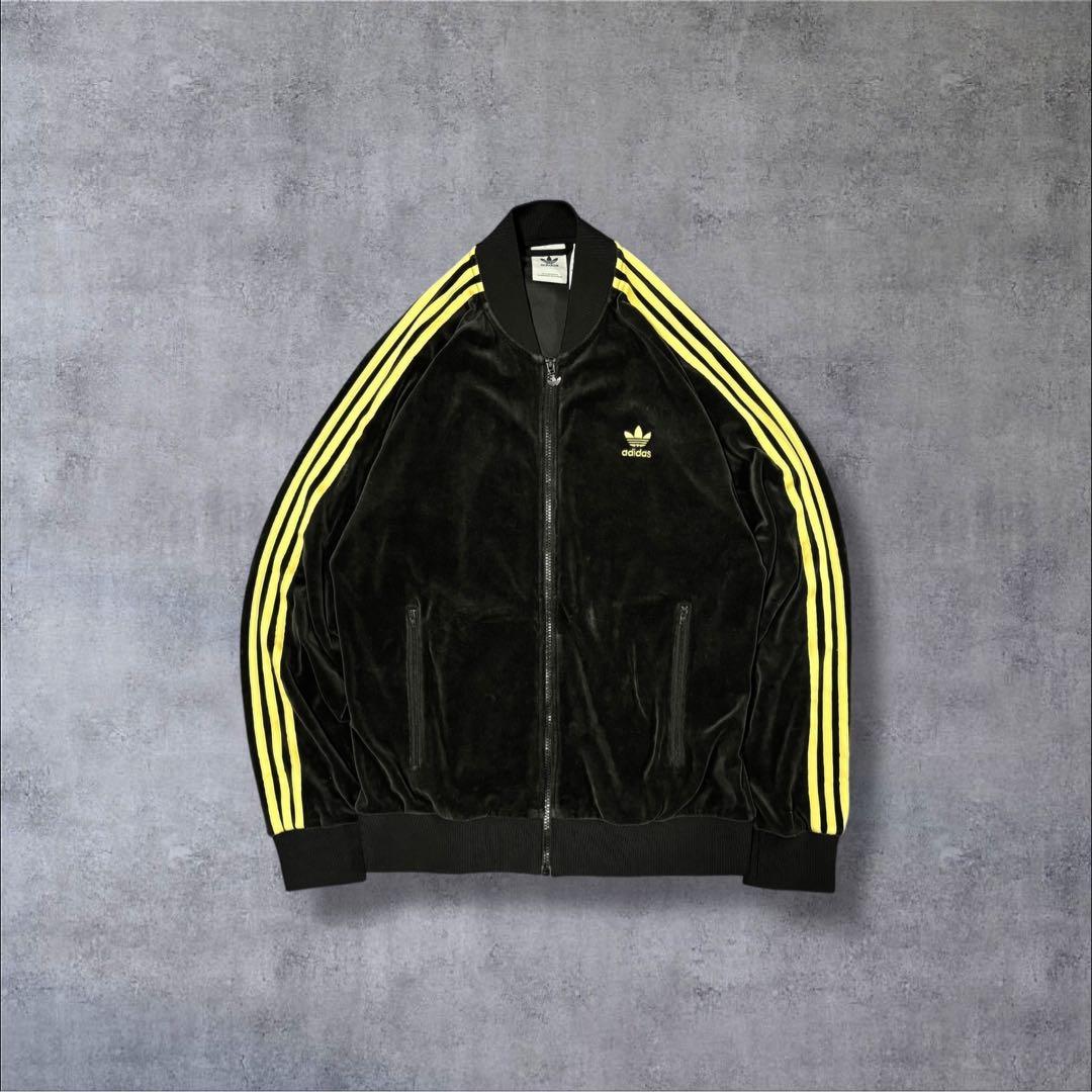 希少▲2XL アディダス ベロア トラックジャケット 黒 金 刺繍ロゴ 常田大希