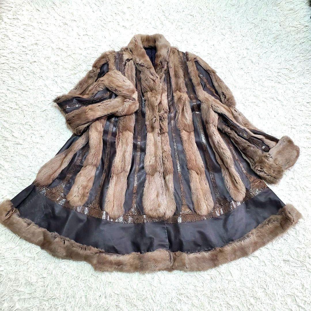 ロリス パイソン柄 ジャーシー ファーコート 牛革 ロング 2XL相当　袖太