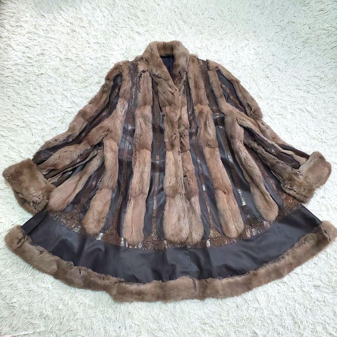 ロリス パイソン柄 ジャーシー ファーコート 牛革 ロング 2XL相当　袖太