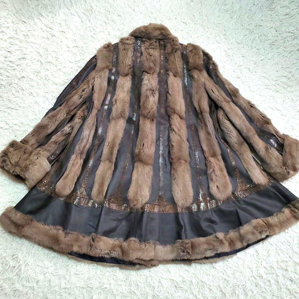 ロリス パイソン柄 ジャーシー ファーコート 牛革 ロング 2XL相当　袖太