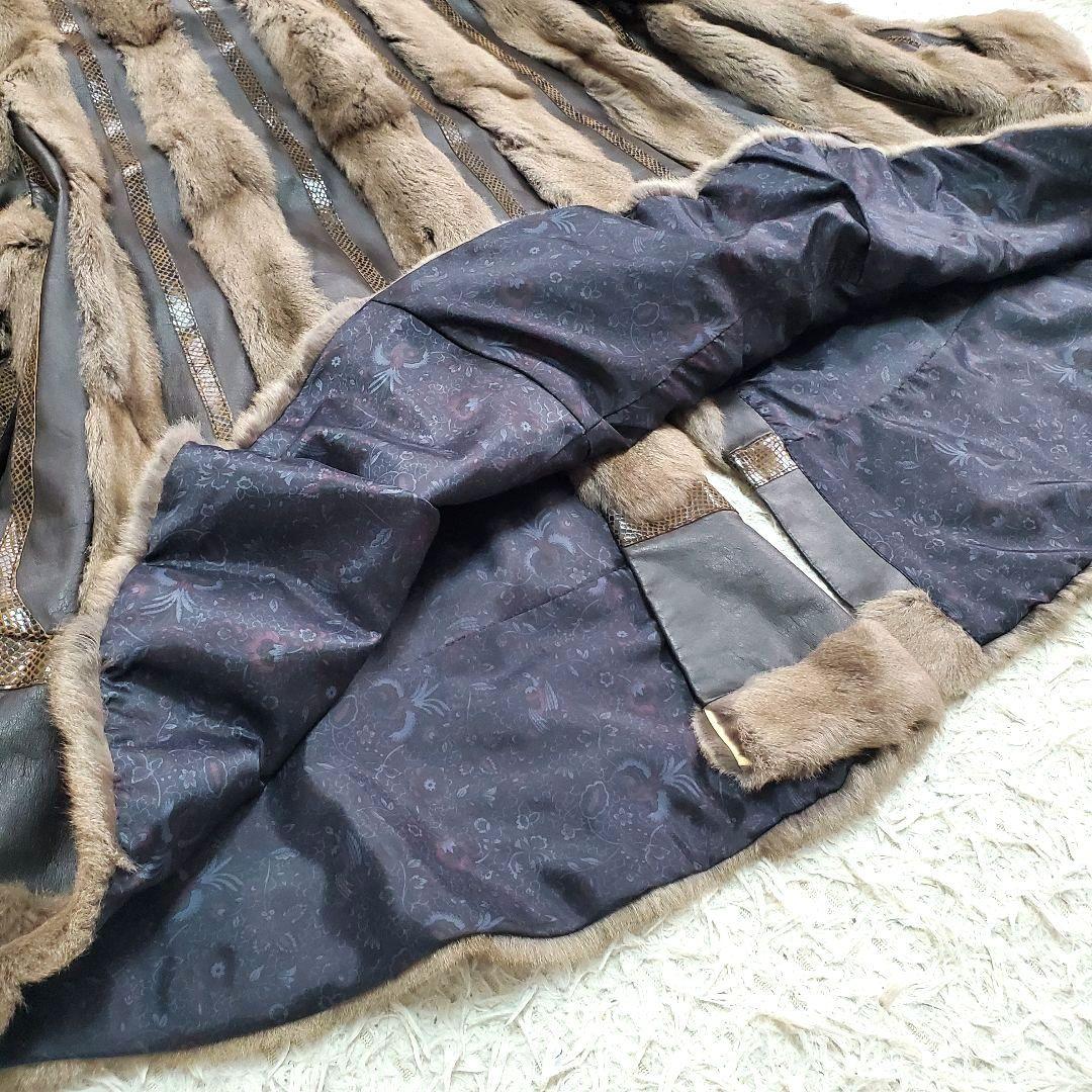 ロリス パイソン柄 ジャーシー ファーコート 牛革 ロング 2XL相当　袖太