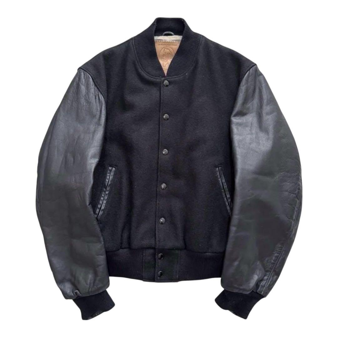 80s 70s golden bear レザースタジャン オールブラック 無地