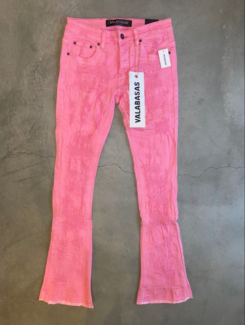 VALABASAS バラバサスクラッシュリペアスキニーフレアデニム ピンク 30