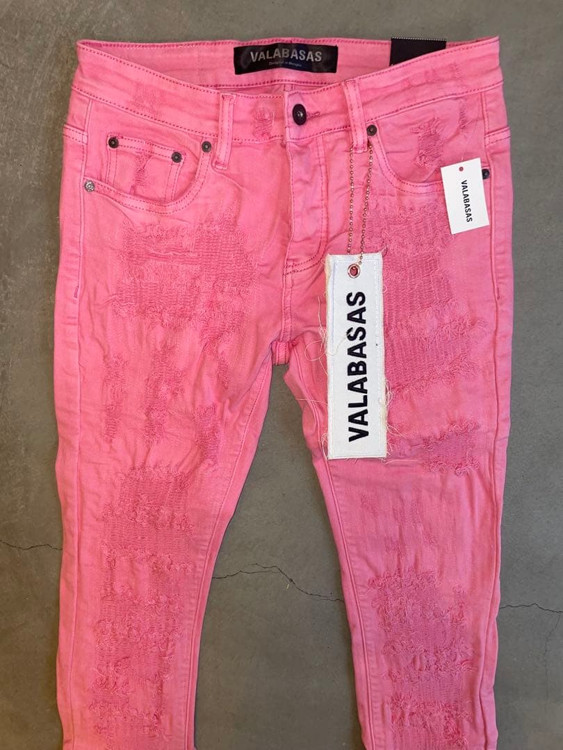 VALABASAS バラバサスクラッシュリペアスキニーフレアデニム ピンク 30