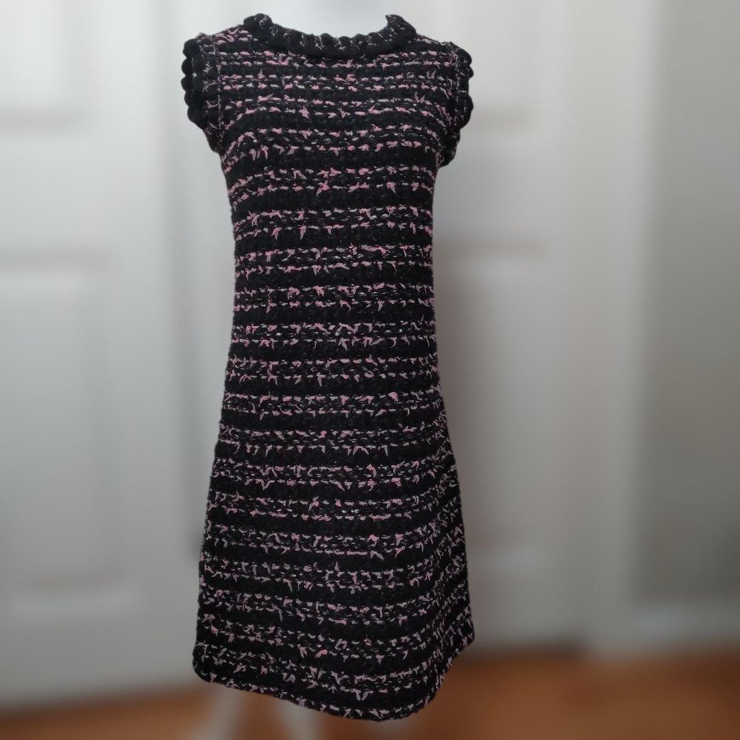 Rene ノースリーブツィードニットワンピース 黒とピンクツイード 34