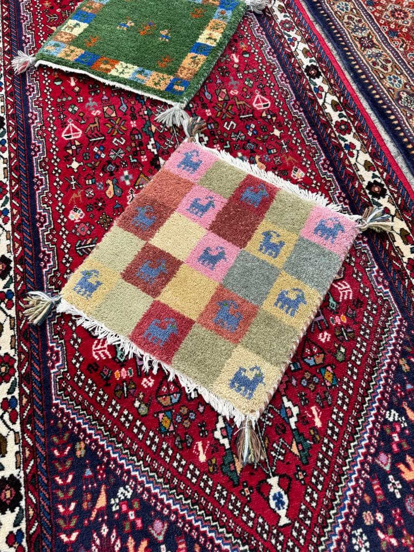 光*様 イラン製 手織りギャッベ 3枚セット 緑×ベージュ×赤 幸せの木 ウール