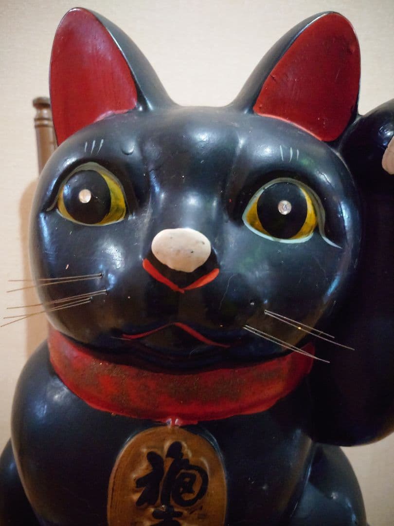 特大 招き猫 黒猫 縁起物 置物 昭和レトロ　左手上げ　長期保管品　高さ46cm