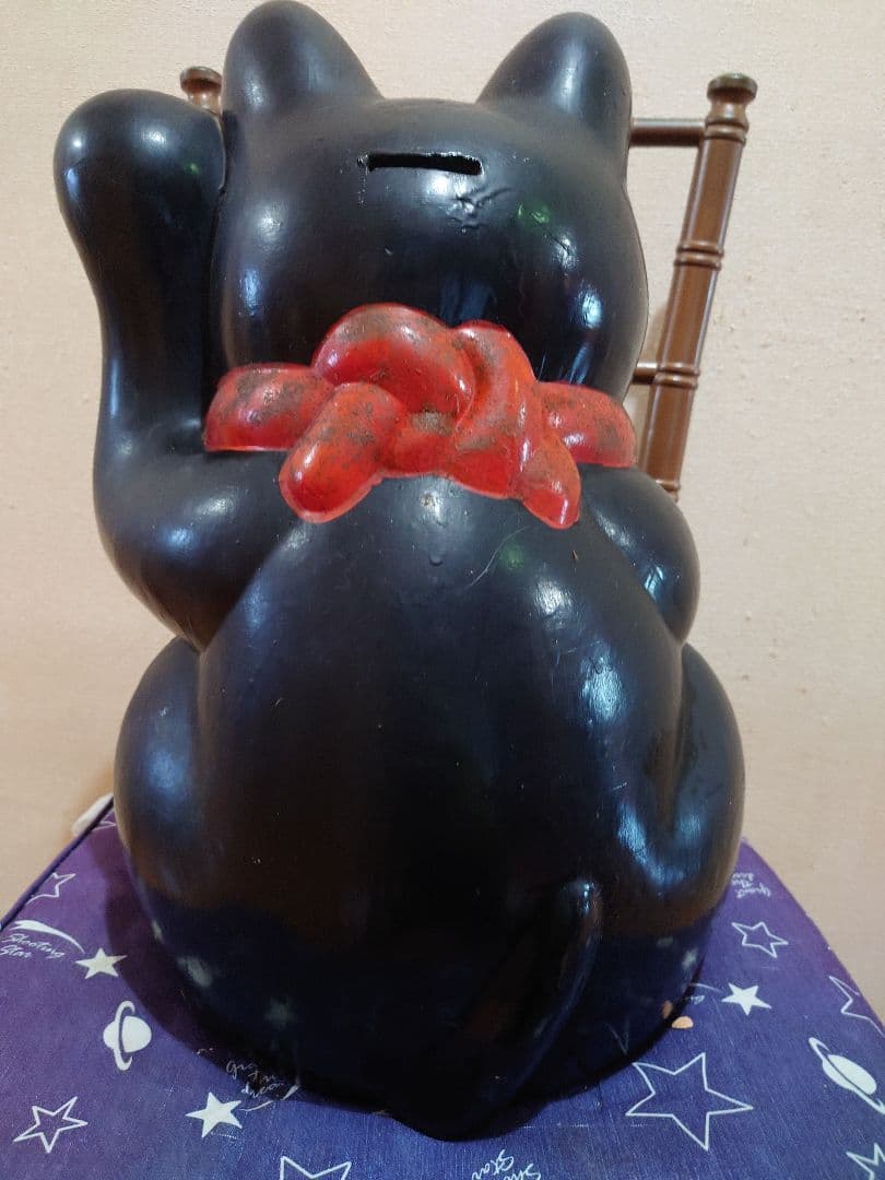 特大 招き猫 黒猫 縁起物 置物 昭和レトロ　左手上げ　長期保管品　高さ46cm