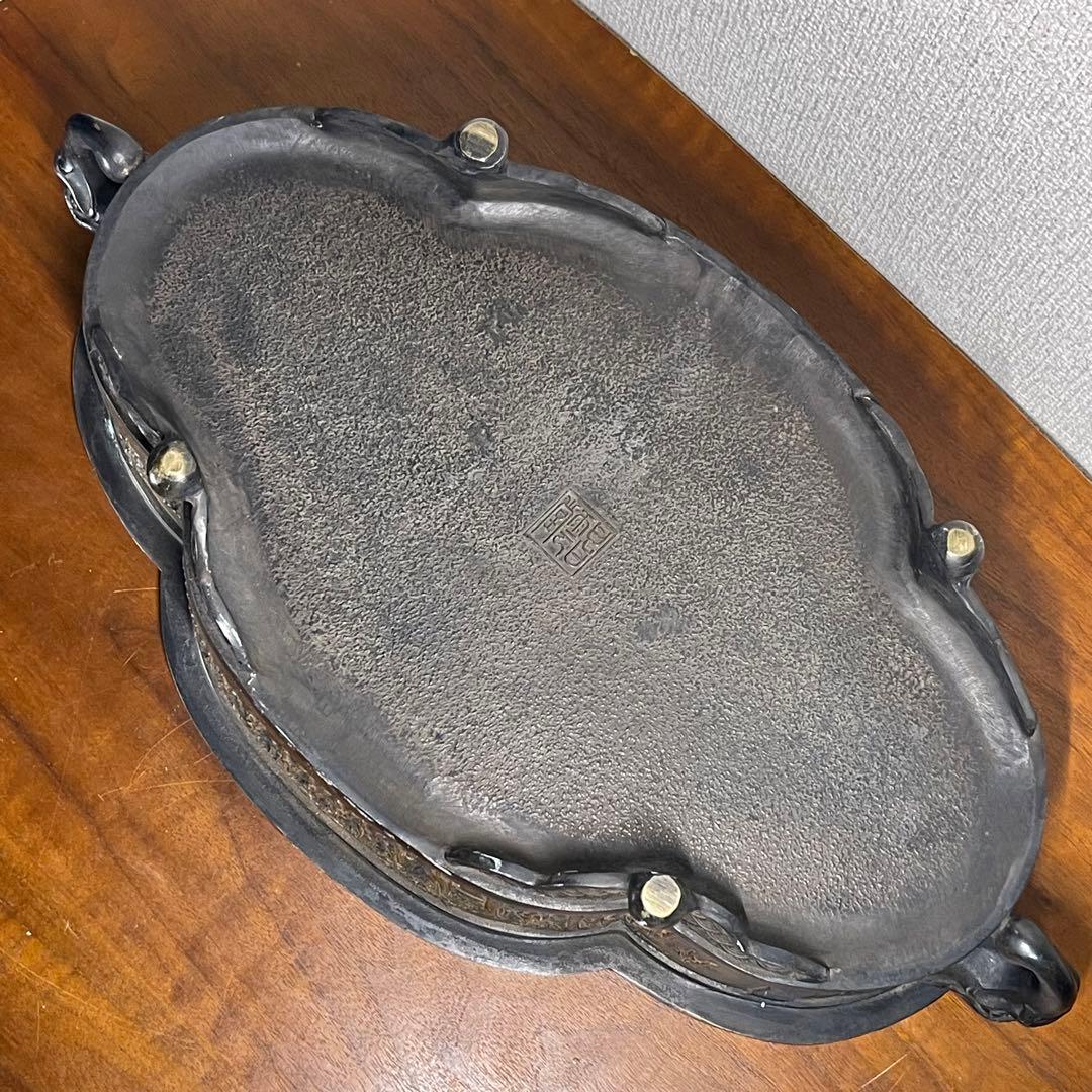 A720⭐︎古銅 高岡銅器 昌雲堂 大名行列象嵌 象耳 水盤 アンティーク