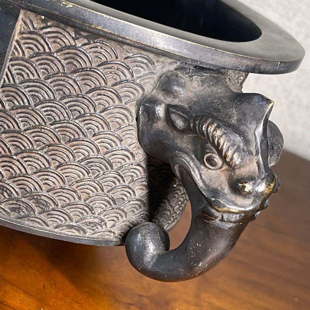 A720⭐︎古銅 高岡銅器 昌雲堂 大名行列象嵌 象耳 水盤 アンティーク