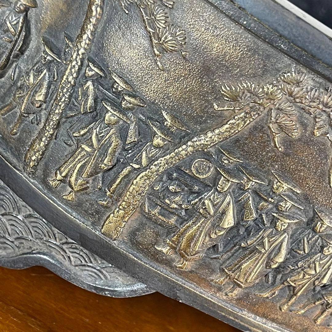 A720⭐︎古銅 高岡銅器 昌雲堂 大名行列象嵌 象耳 水盤 アンティーク