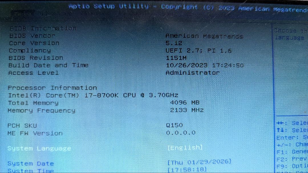 Intel Core i7-8700K CPU 3.70GHz 【463】