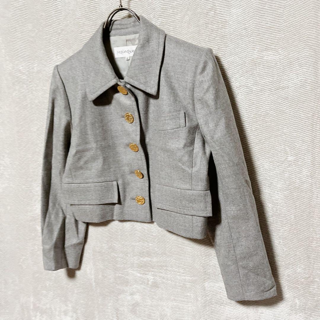 イヴサンローラン ウールジャケット 36 グレー 金ボタン フランス製