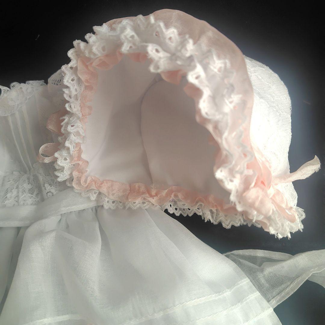 真っ白なアンティークドールドレスとボネのセット