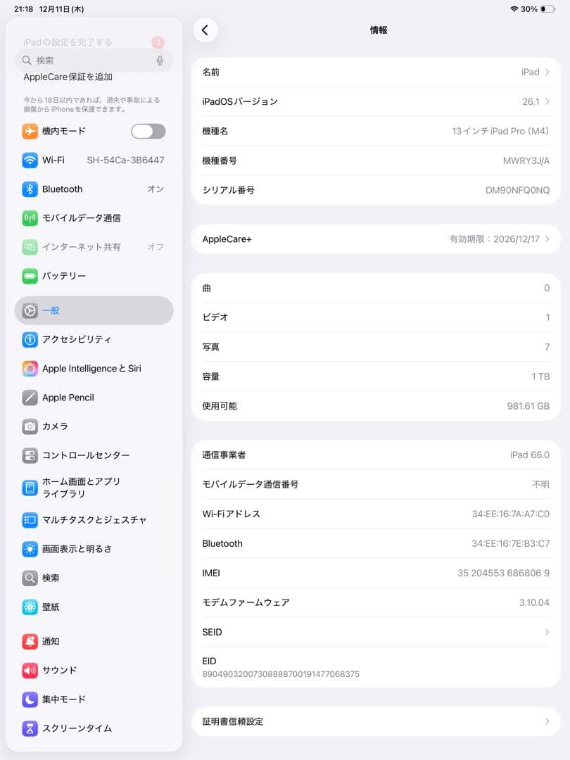 iPad Pro M4 13インチ Cellular Nano 1TB