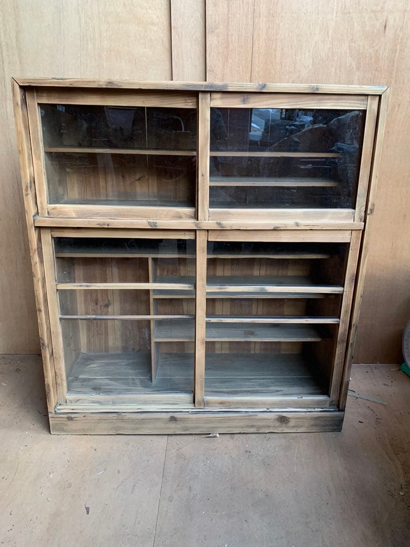 古い木全面ガラス収納陳列棚戸　店舗什器古家具