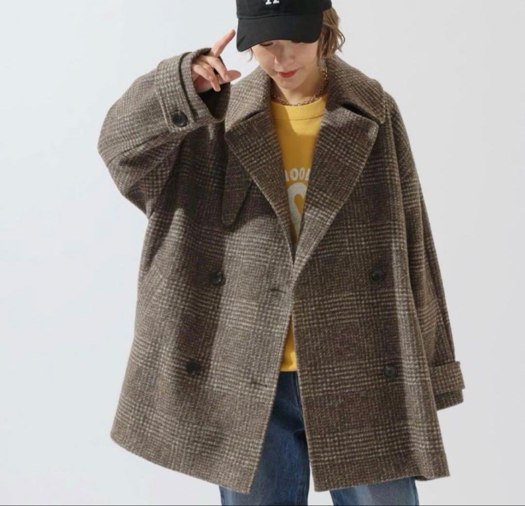 美品✨24AW spick&span Wスライバーチェックハーフコート　ブラウン