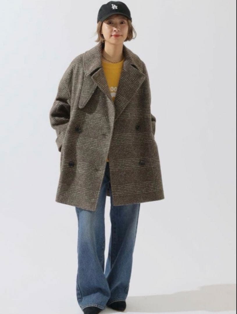 美品✨24AW spick&span Wスライバーチェックハーフコート　ブラウン
