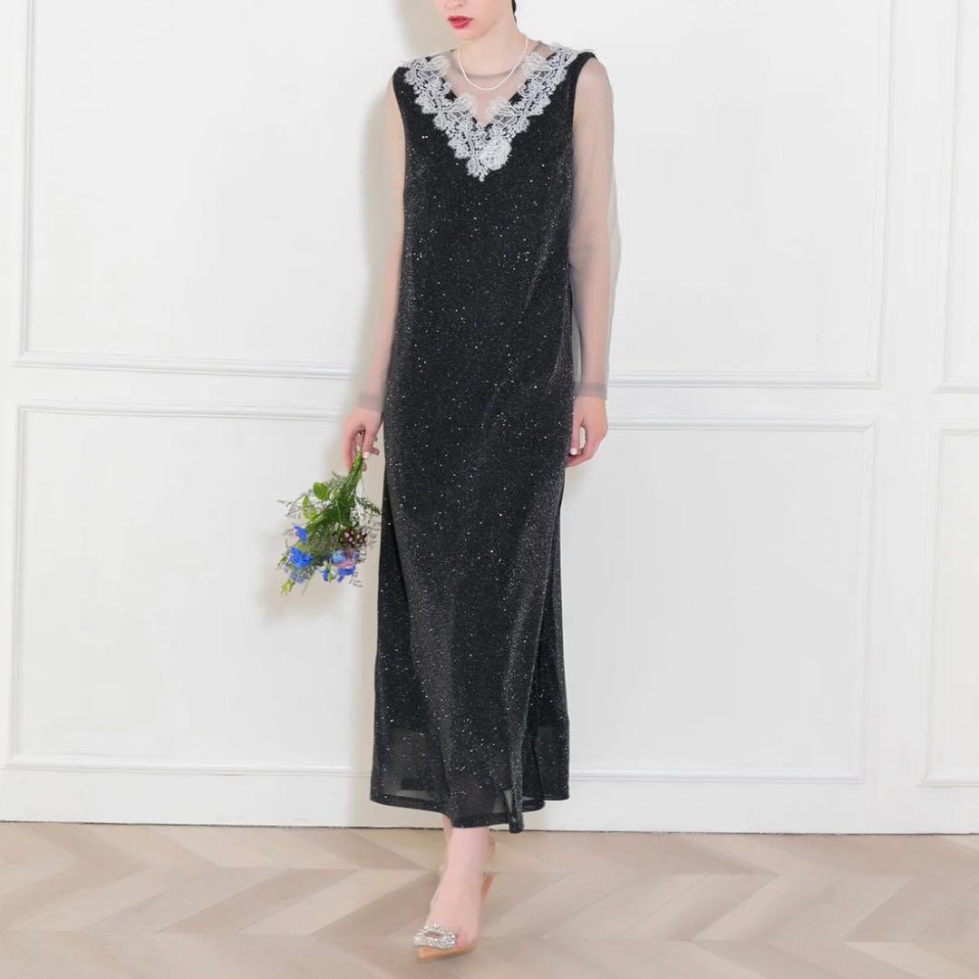 LEJA レースラメスリットロングワンピースドレス