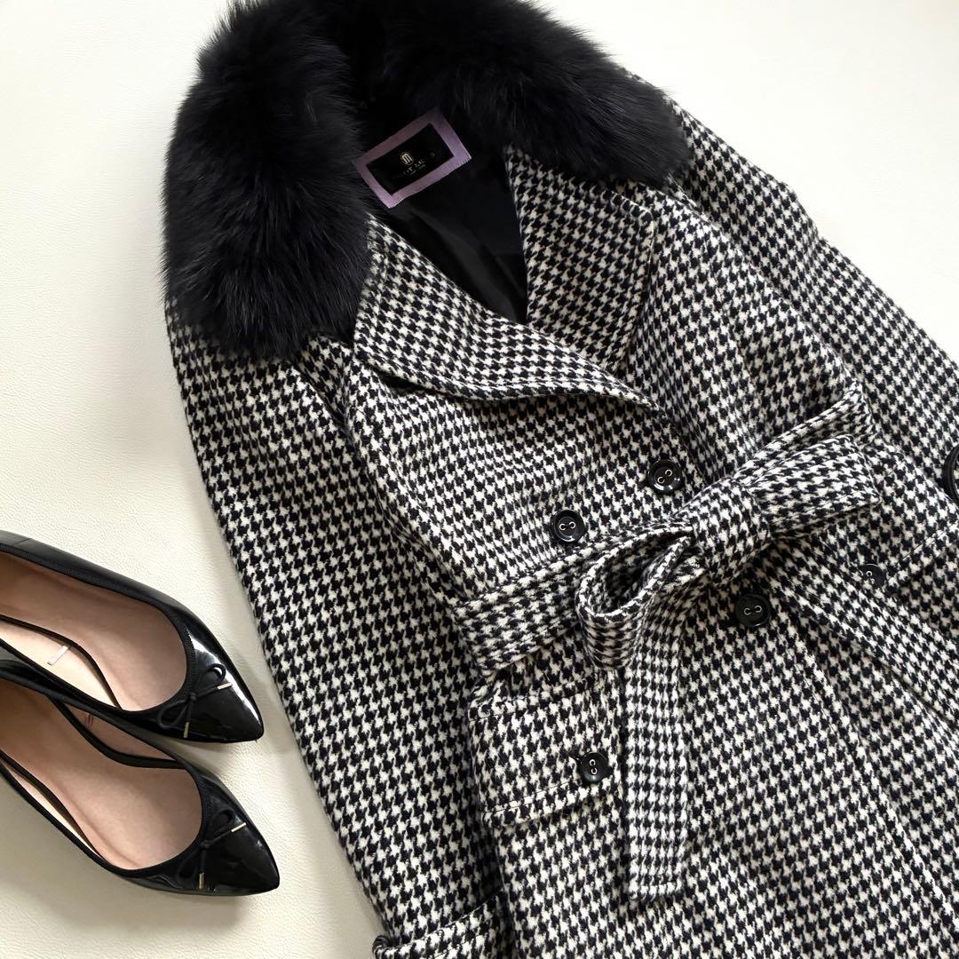 ◆上質◆大きいサイズ◆ブルーフォックス◆ロングウールコート◆千鳥格子◆白黒◆LL