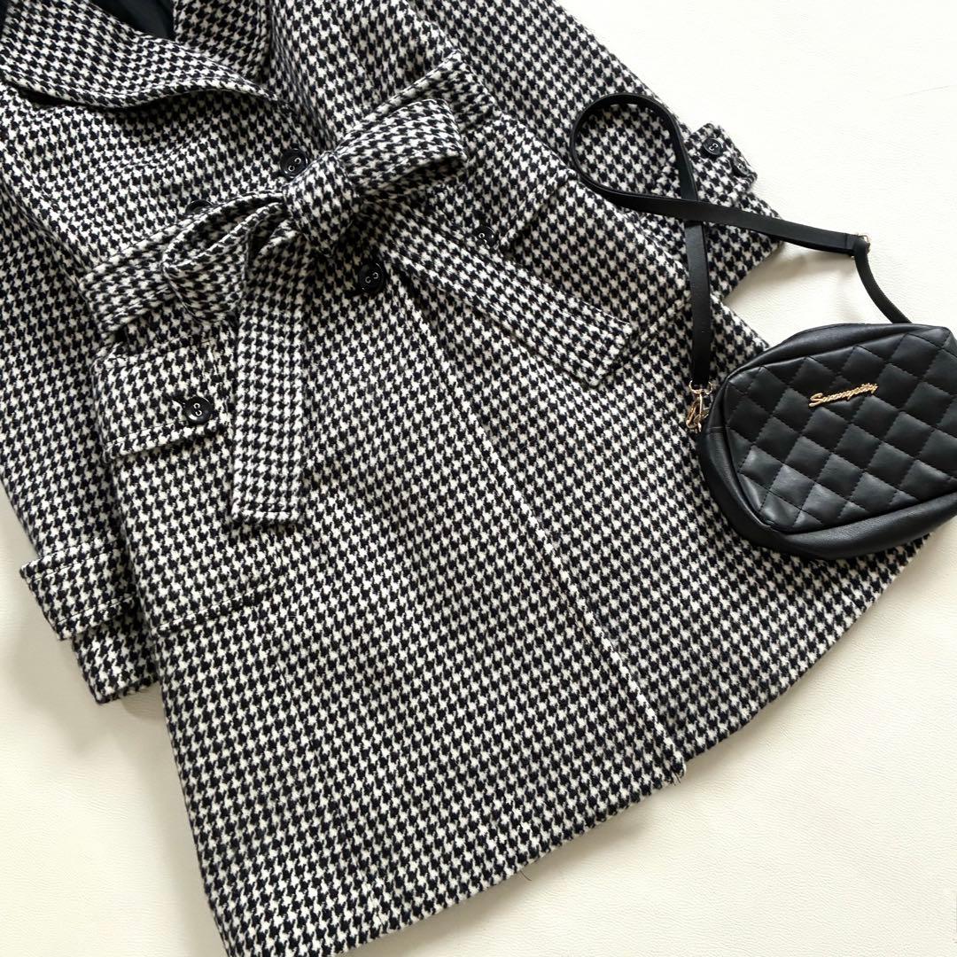 ◆上質◆大きいサイズ◆ブルーフォックス◆ロングウールコート◆千鳥格子◆白黒◆LL