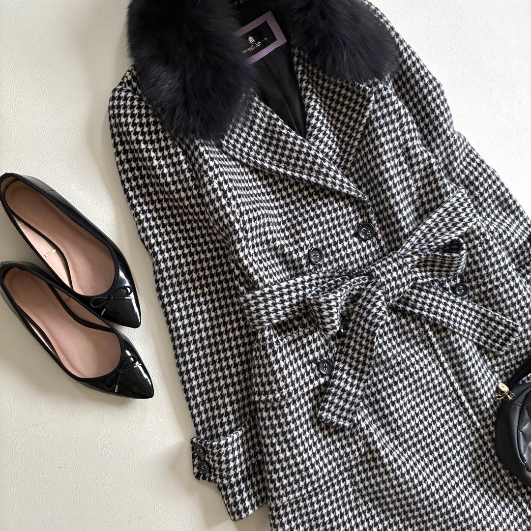 ◆上質◆大きいサイズ◆ブルーフォックス◆ロングウールコート◆千鳥格子◆白黒◆LL