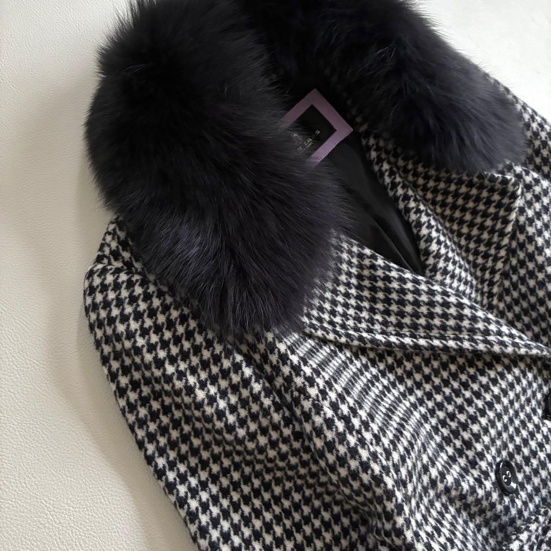 ◆上質◆大きいサイズ◆ブルーフォックス◆ロングウールコート◆千鳥格子◆白黒◆LL