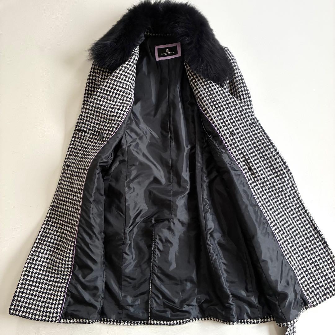 ◆上質◆大きいサイズ◆ブルーフォックス◆ロングウールコート◆千鳥格子◆白黒◆LL