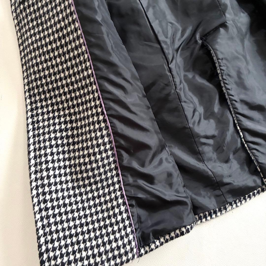 ◆上質◆大きいサイズ◆ブルーフォックス◆ロングウールコート◆千鳥格子◆白黒◆LL