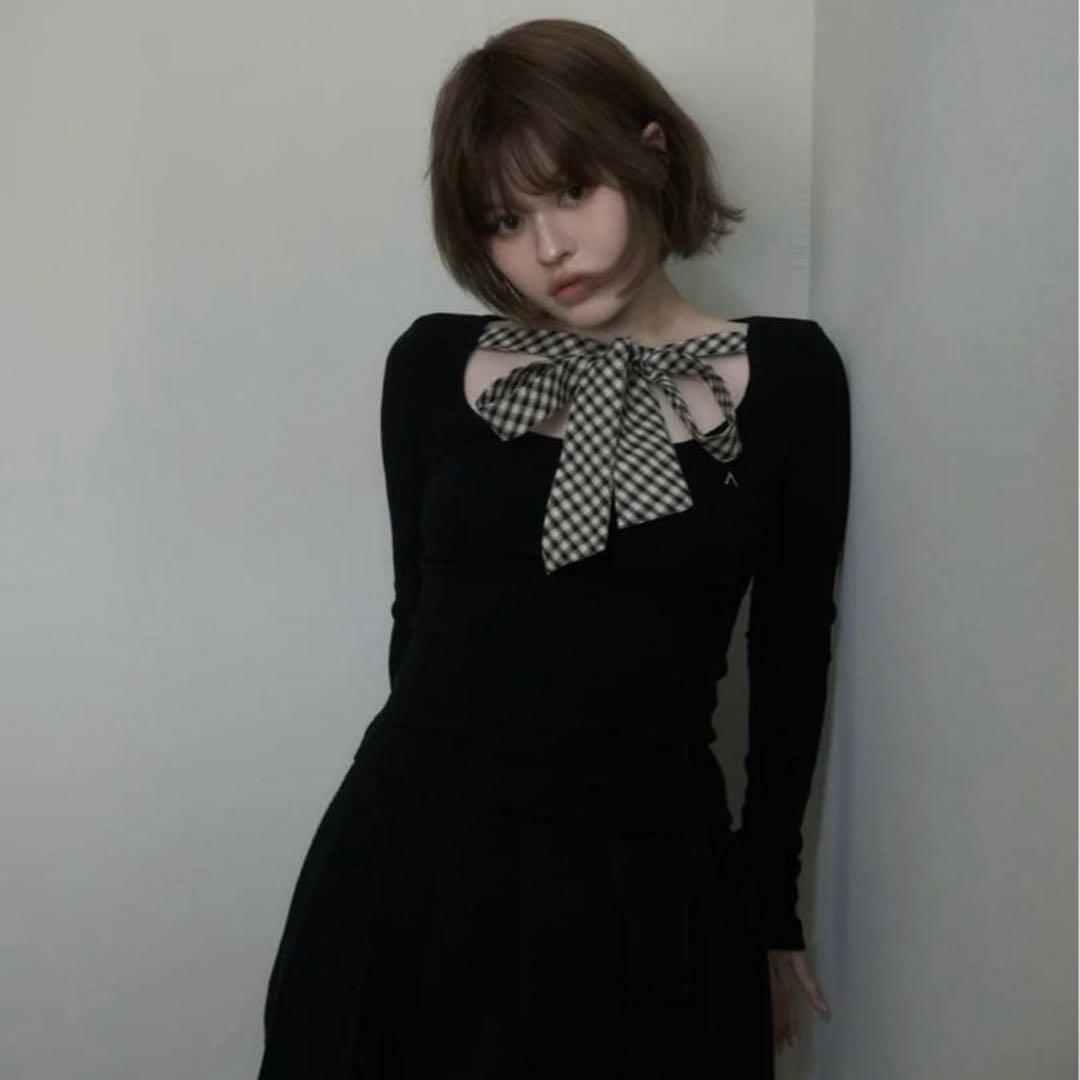 タグ付新品 andmary ami ribbon checktops black