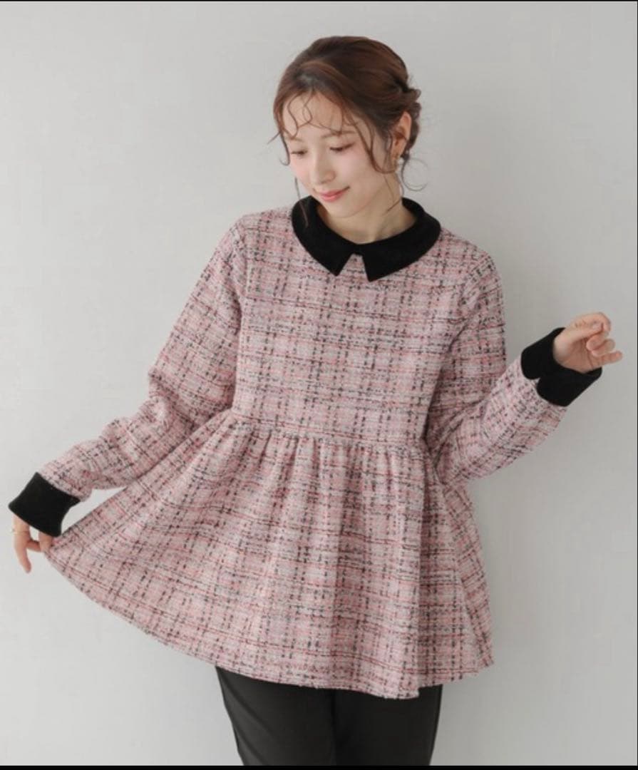 Fitmore ツイードベロアカラーペプラムトップス