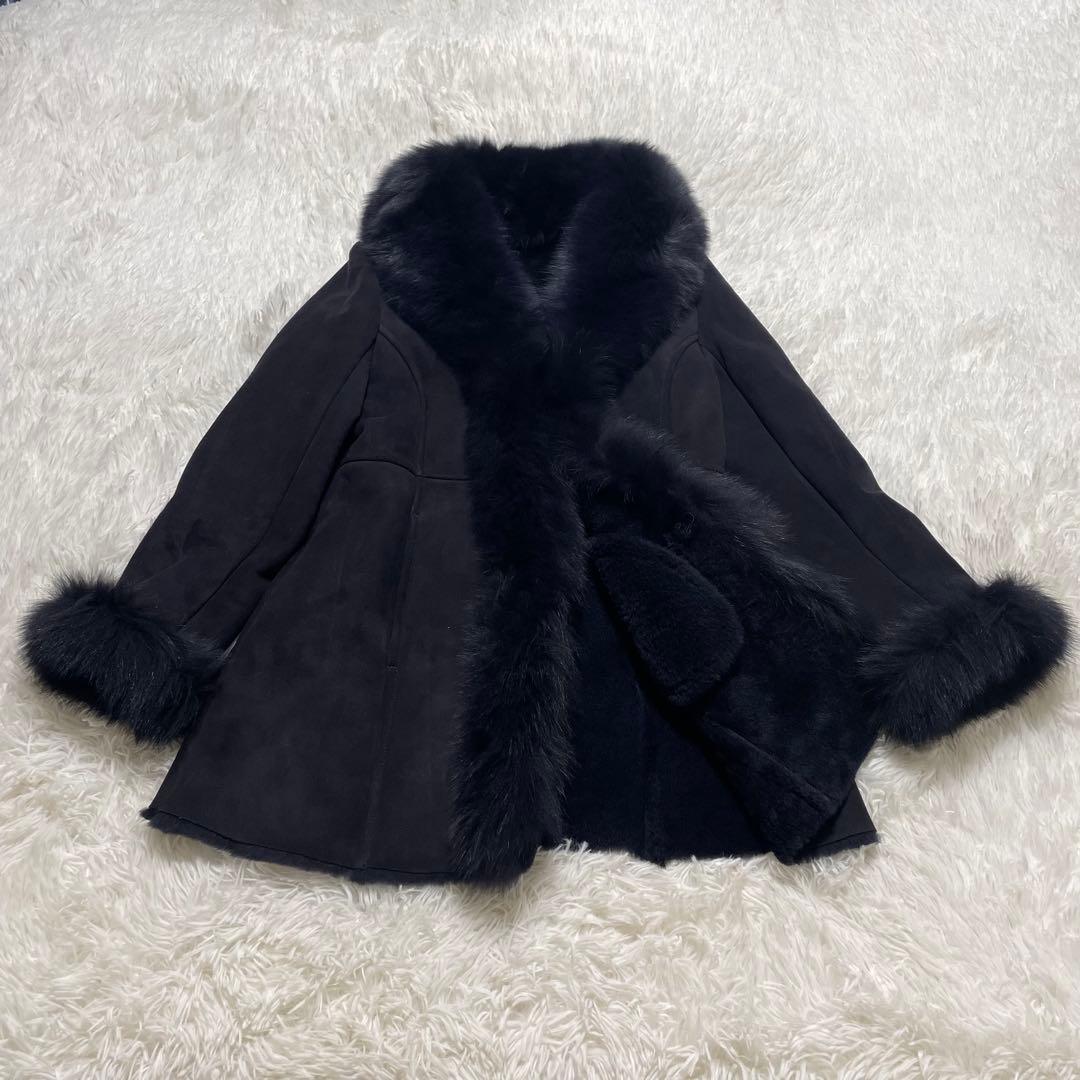 美品　M's Selection ラムレザー　ムートンファーコート　ネイビー