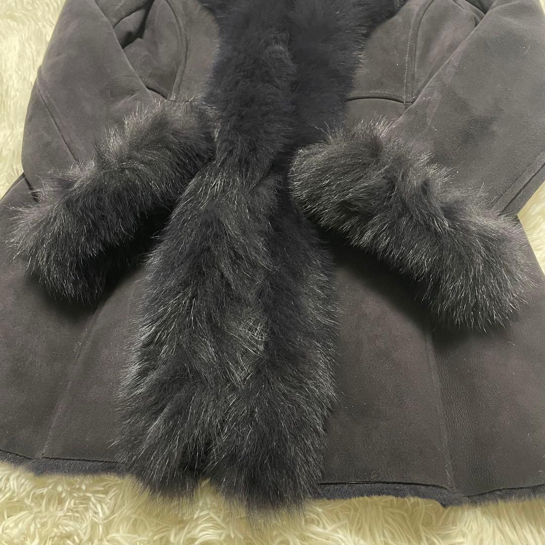 美品　M's Selection ラムレザー　ムートンファーコート　ネイビー