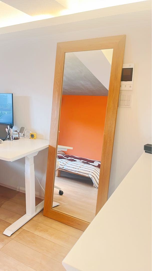 ワイドミラー　チーク　無垢　スタンドミラー　無垢材