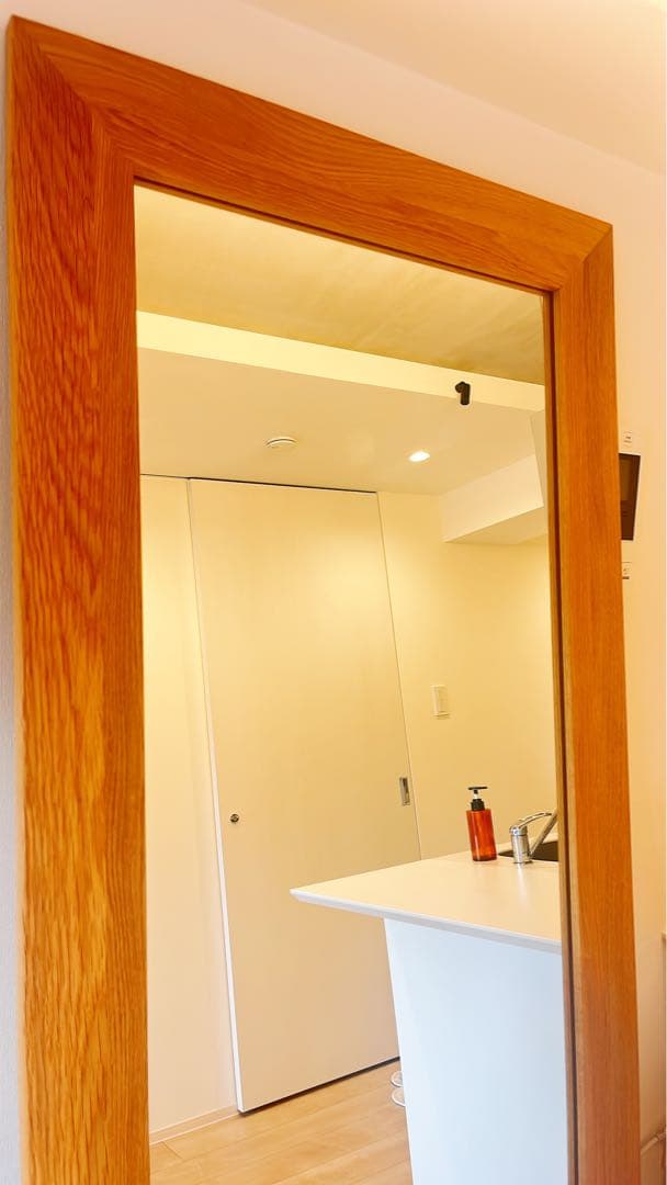 ワイドミラー　チーク　無垢　スタンドミラー　無垢材