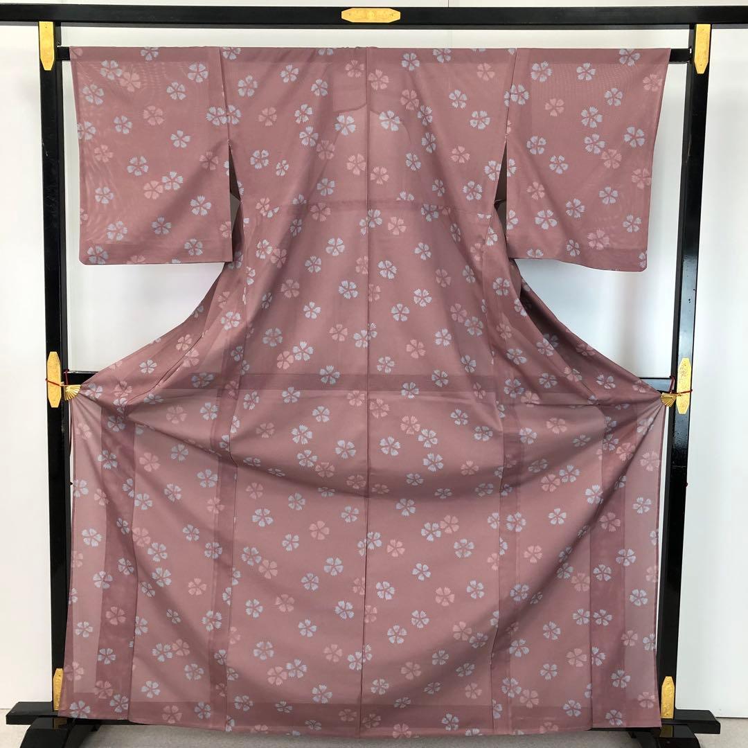 夏着物 小紋 絽 さんび 可愛らしい花模様 紫桃鼠色 KK-1990