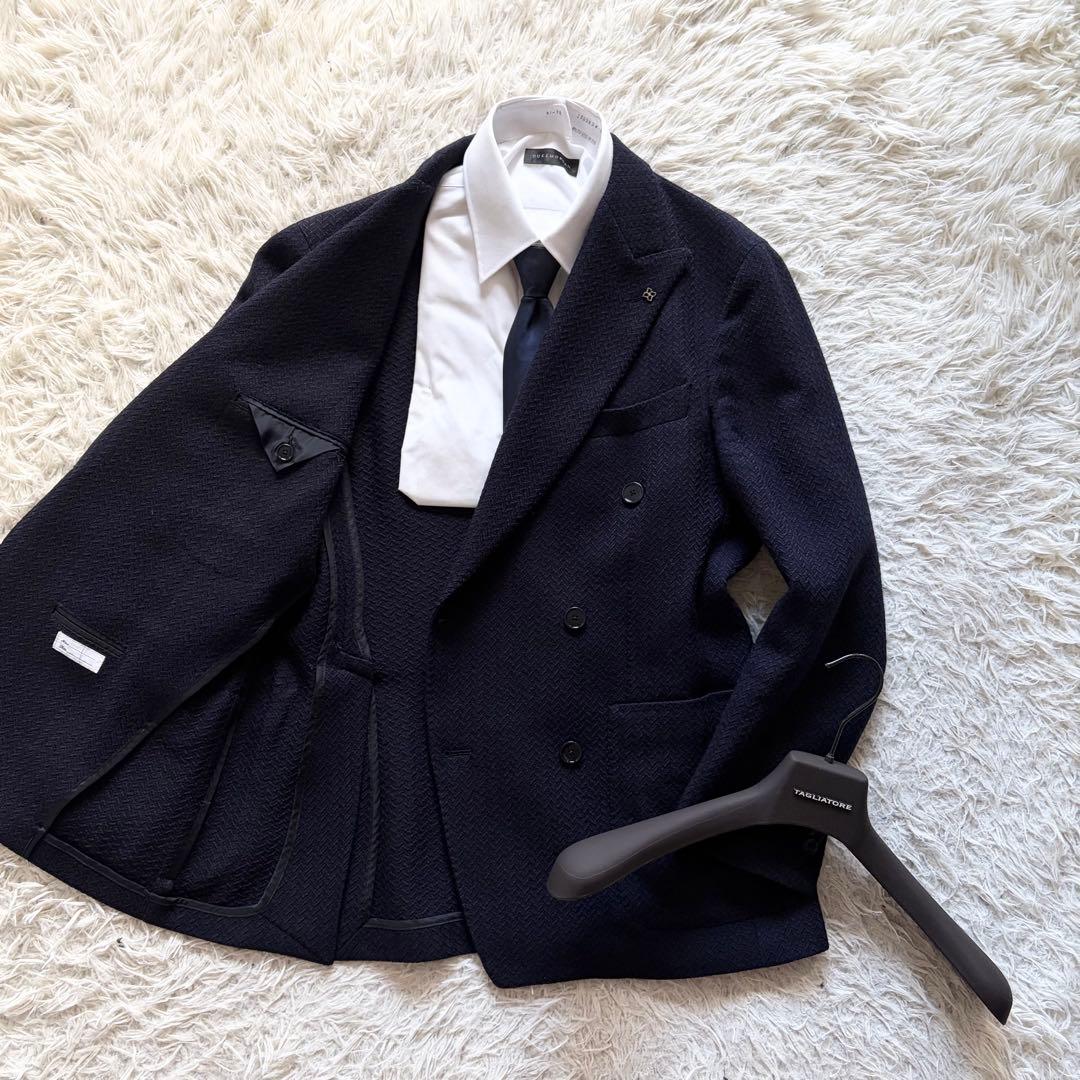 <美品>TAGLIATORE ネイビー ウール ダブル ニットジャケット 50