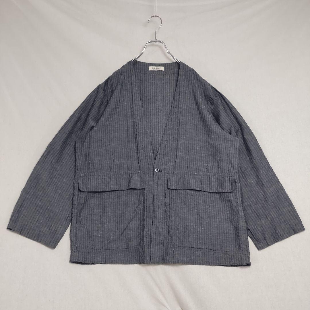 ライトサッカーカーディジャケット 3 グレー リネン混 ノーカラージャケット