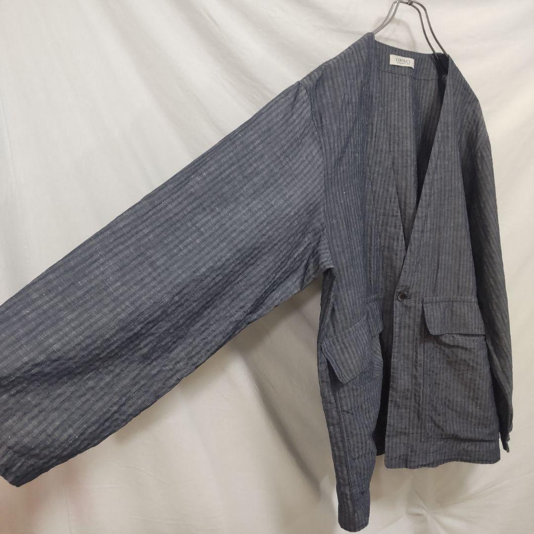 ライトサッカーカーディジャケット 3 グレー リネン混 ノーカラージャケット