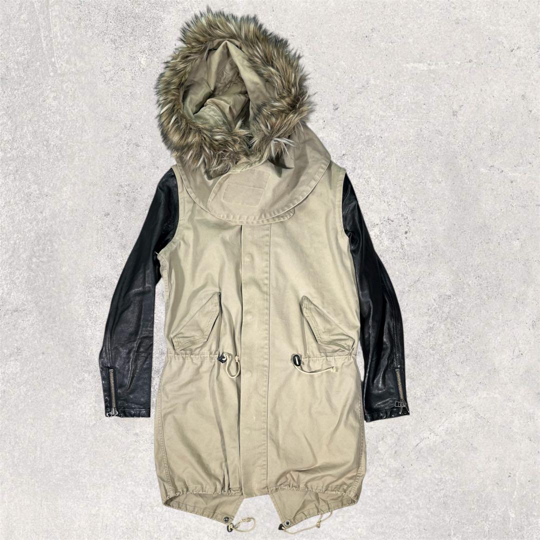 ▼クリスチャンダダ　モッズコート　レザー切替　M ライナー　ファー　Y2K 日本