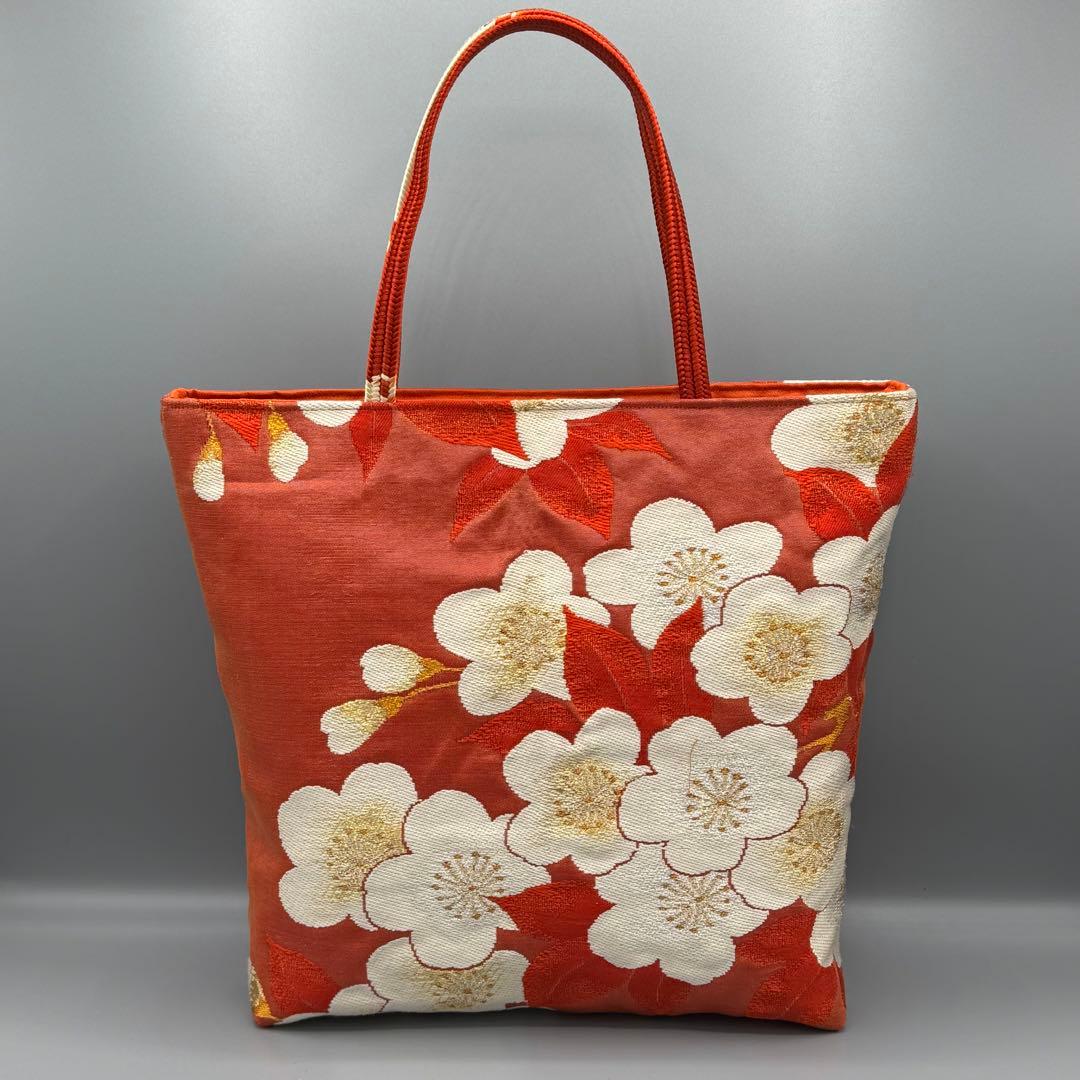 【おまとめ専用】帯 リメイク トートバッグ 赤 梅 /シルバー 鶴