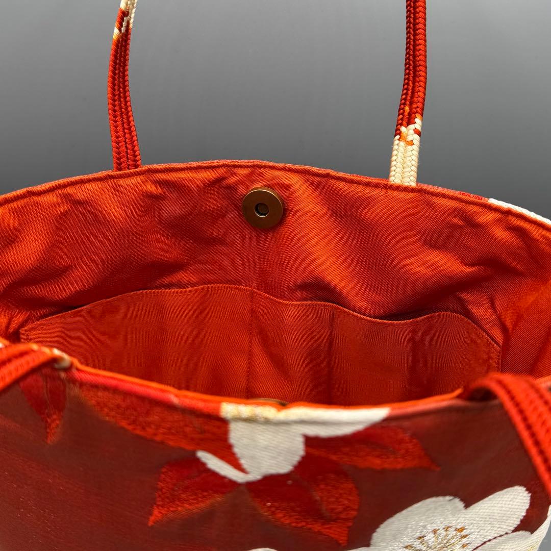 【おまとめ専用】帯 リメイク トートバッグ 赤 梅 /シルバー 鶴