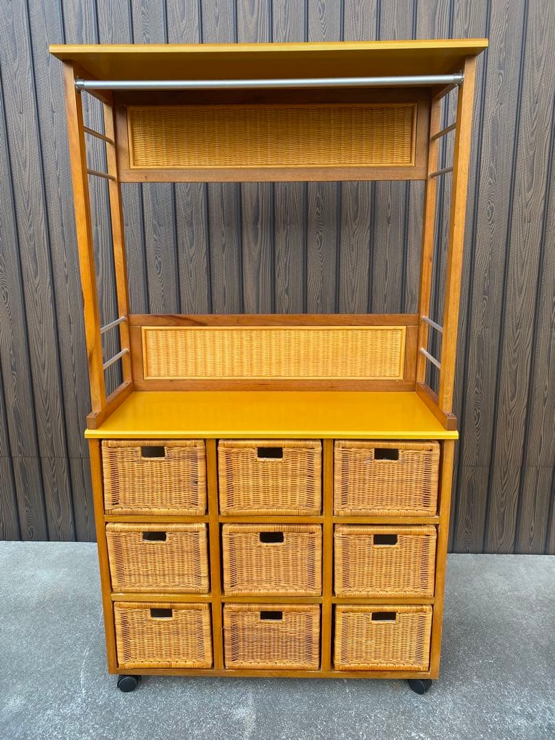 ラタン　引き出し付　ハンガーラック　棚　シェルフ　藤　黄色