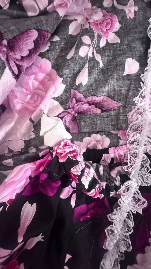 浴衣ドレス 姫ギャル 地雷系 大人用 浴衣レース付き 花柄 黒 ピンク