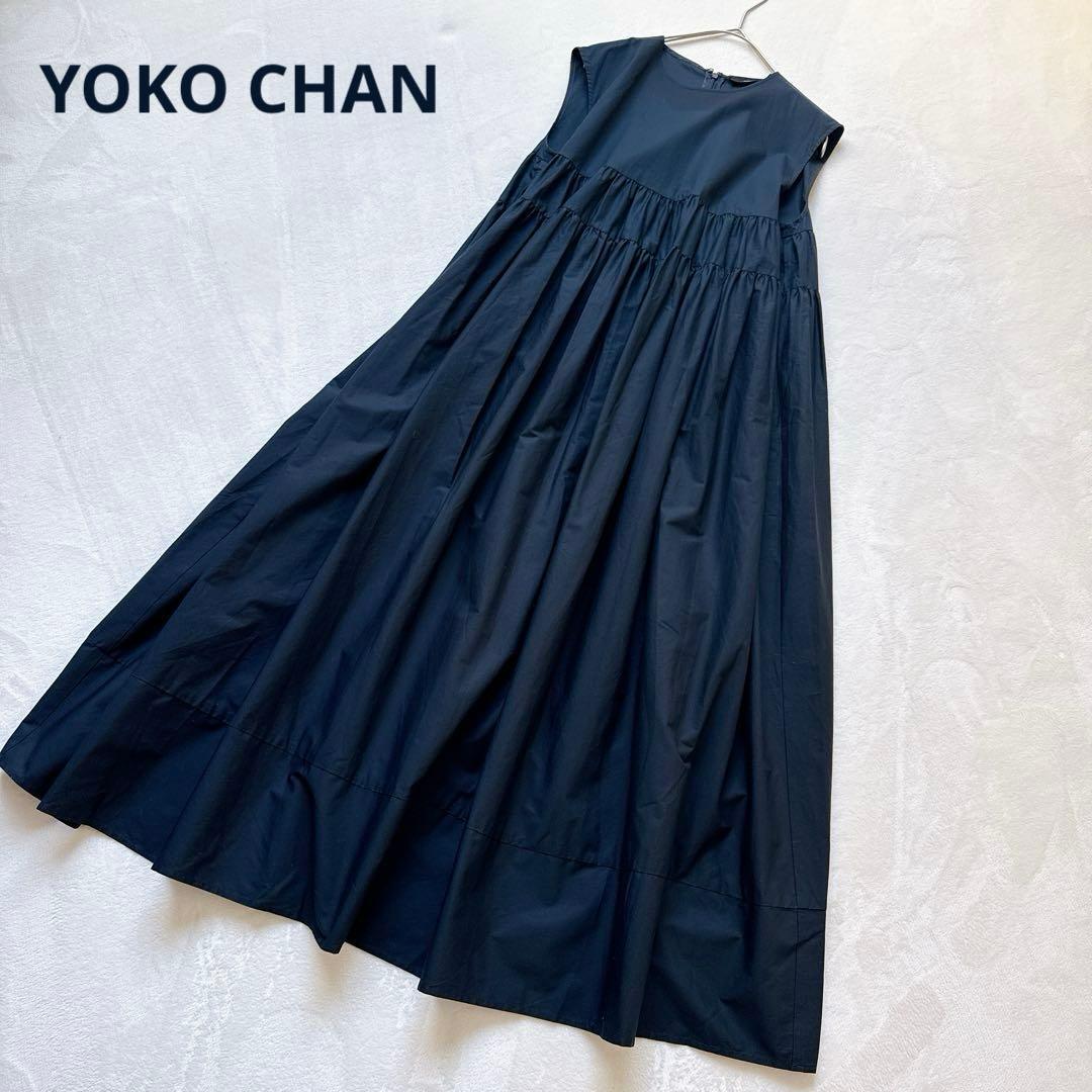ヨーコチャン ノースリーブ ロング ティアード ギャザーワンピース ネイビー S