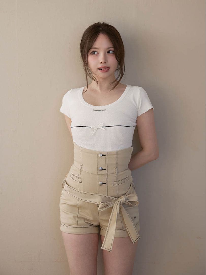 パンツ andmary Highwaist ribbon pants beige