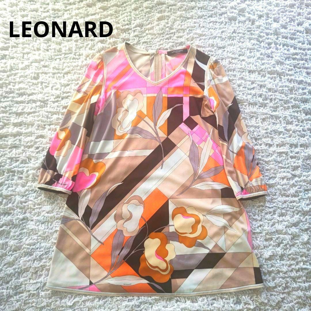 LEONARD　ロゴ入り　幾何学×フローラル　七分袖　チュニック　サイズ３
