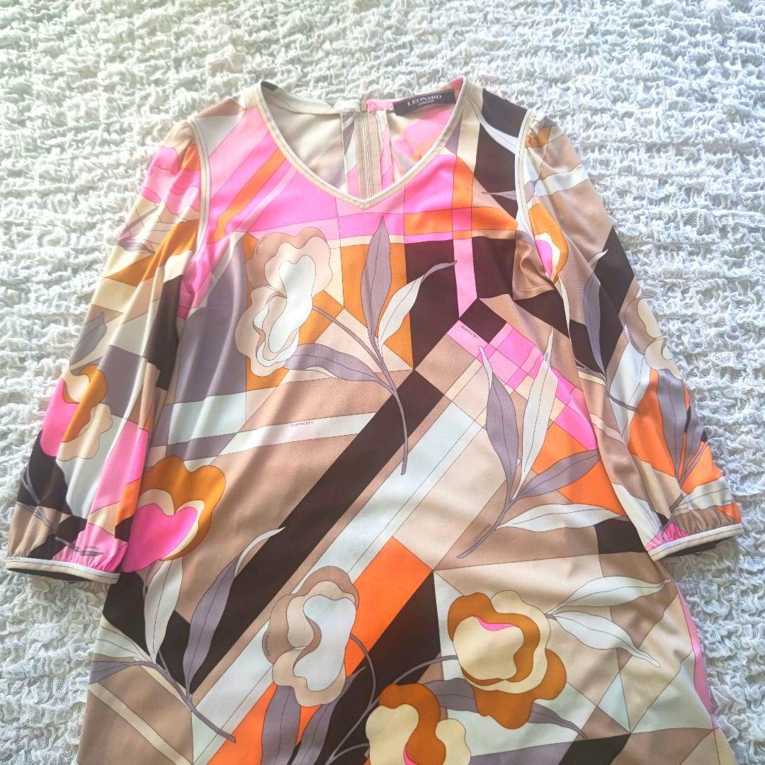 LEONARD　ロゴ入り　幾何学×フローラル　七分袖　チュニック　サイズ３