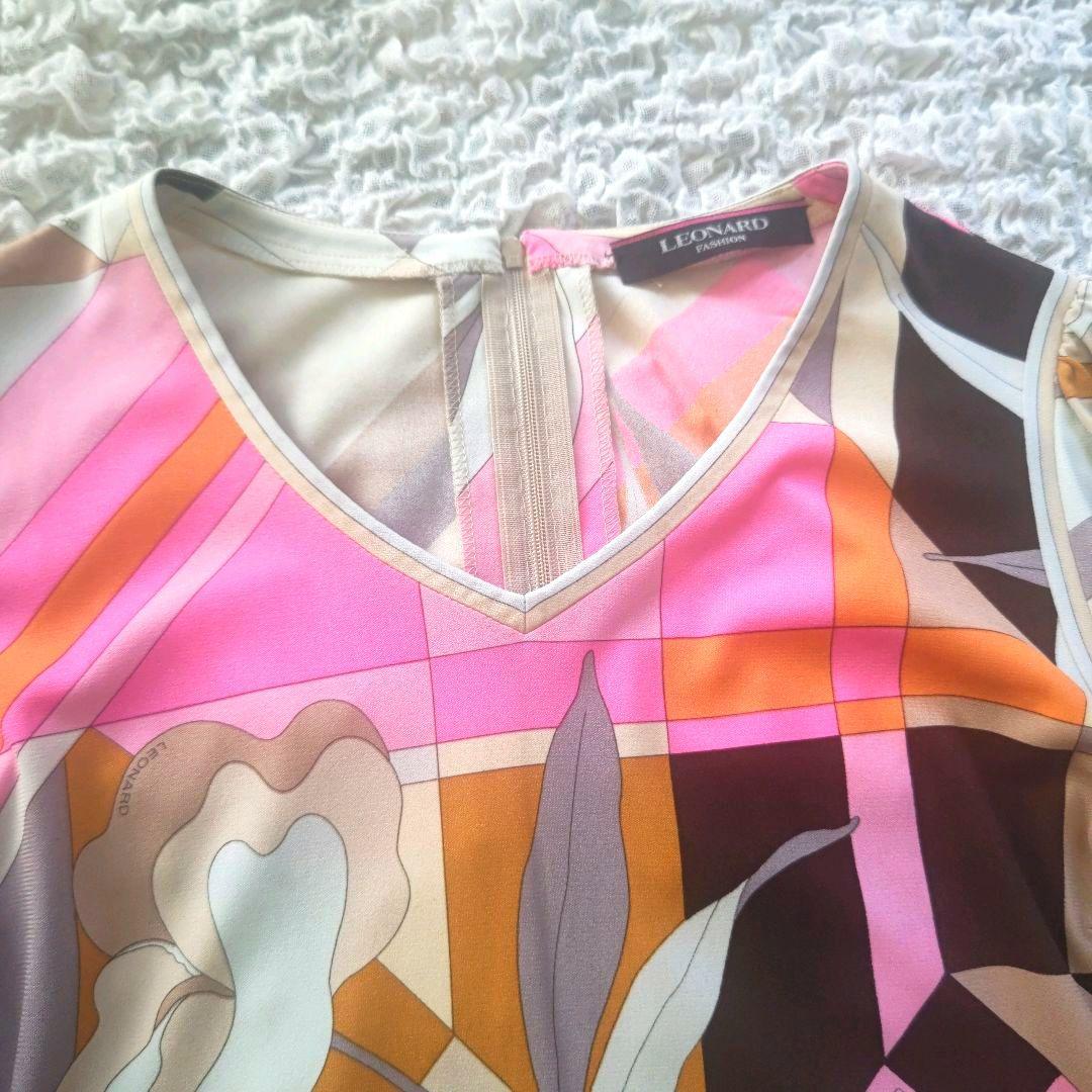 LEONARD　ロゴ入り　幾何学×フローラル　七分袖　チュニック　サイズ３