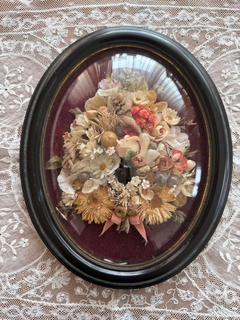 希少 フランスアンティーク お花のメダイヨン オーバルフレーム ドームガラス